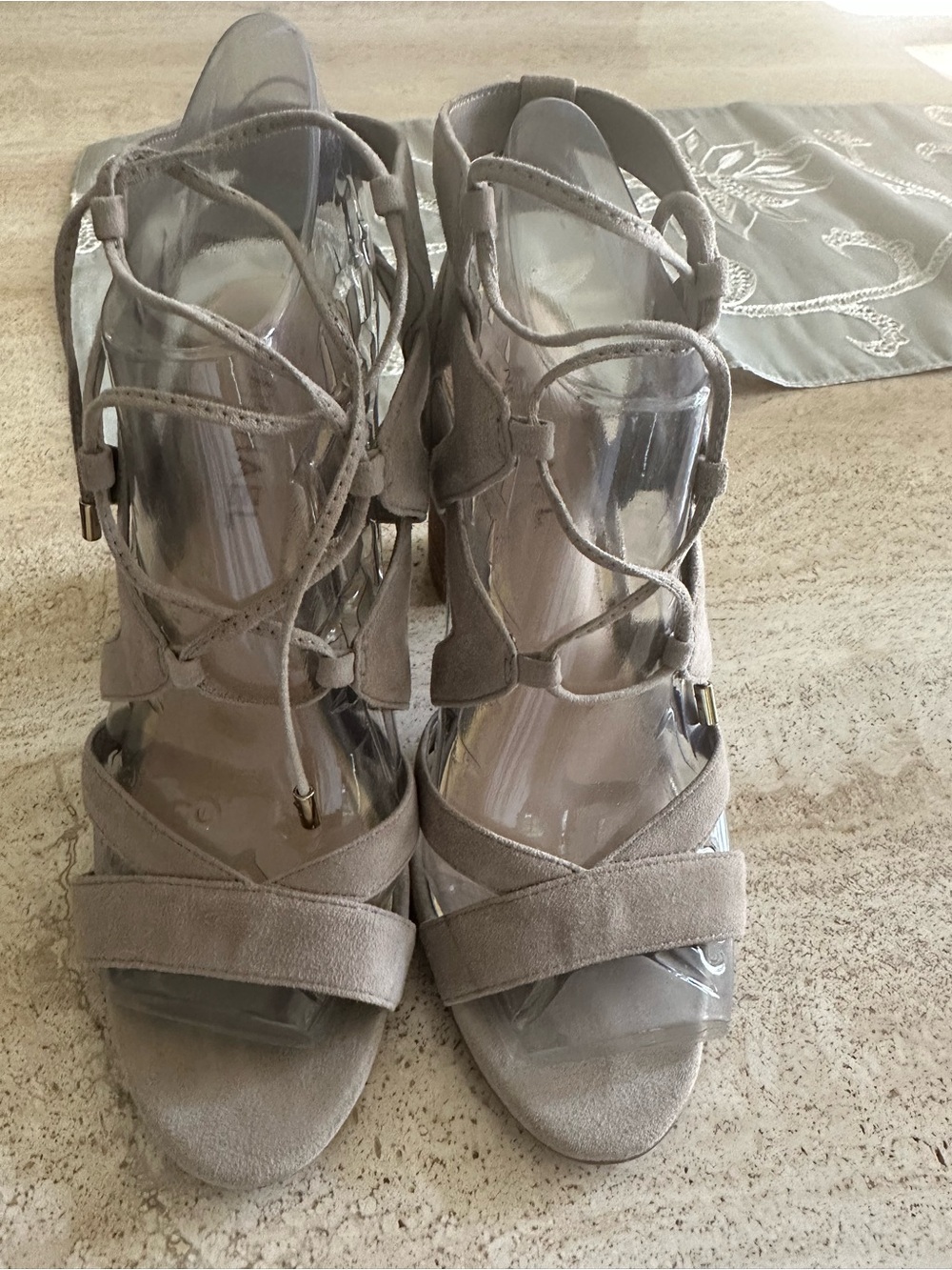Michaels Taupe Suede Lace-Up Heeled Sandals